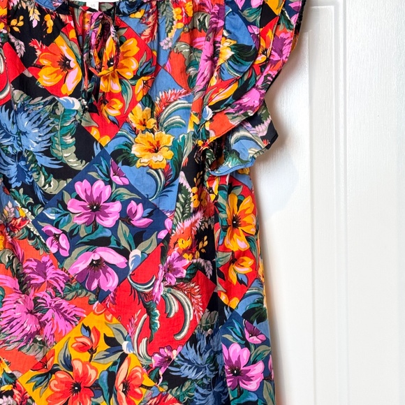 Chelsea & Theodore Vibrant Floral Sleeveless Ruffle Tie Neck Blouse, EUC, Sz L - Picture 3 of 6